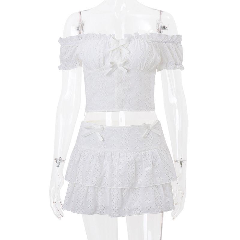 

INS Fashion Style 2024 Summer New Arrival French Sweet Puff Sleeve Top Women s Ruffles Skirt Two-piece Set White L