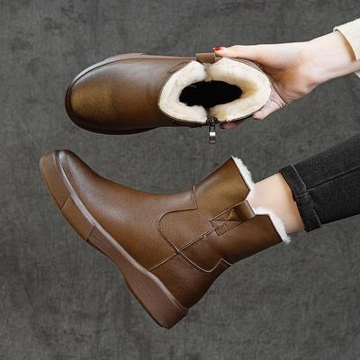 Damen-Martinstiefel aus echtem Leder mit Fell – Schneestiefel mit dicker Sohle und niedrigem Schaft für Herbst und Winter, vielseitig einsetzbar und mit Samt