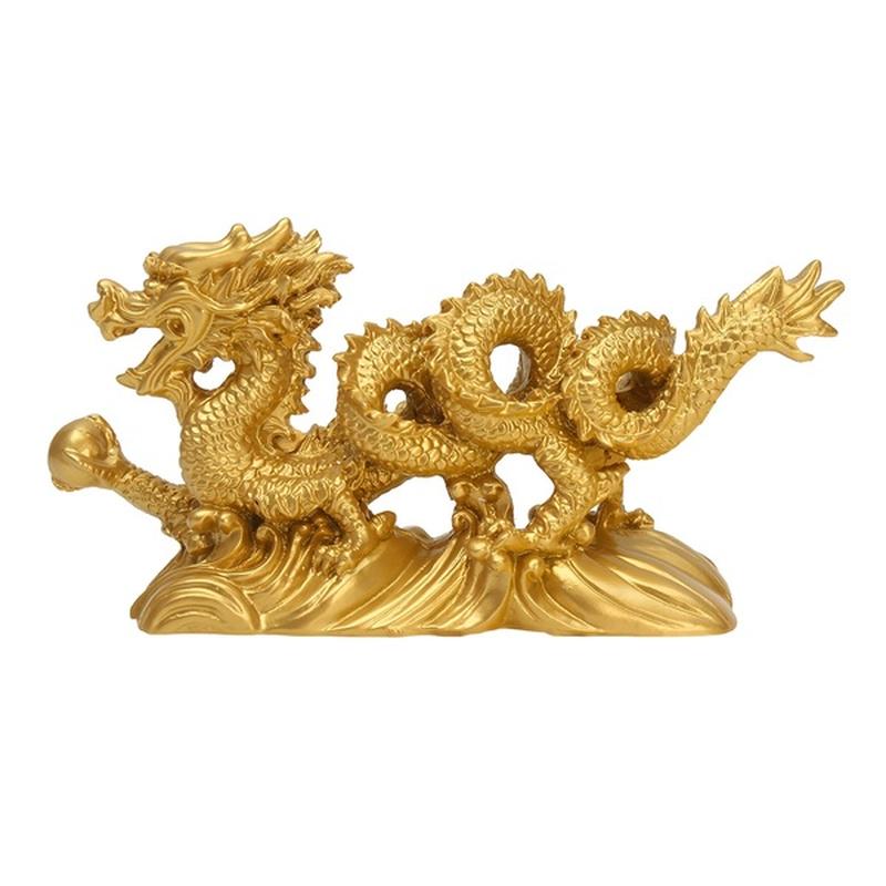 Chinese Geomancy Gold Dragon Staty Staty Ornament för tur och framgång