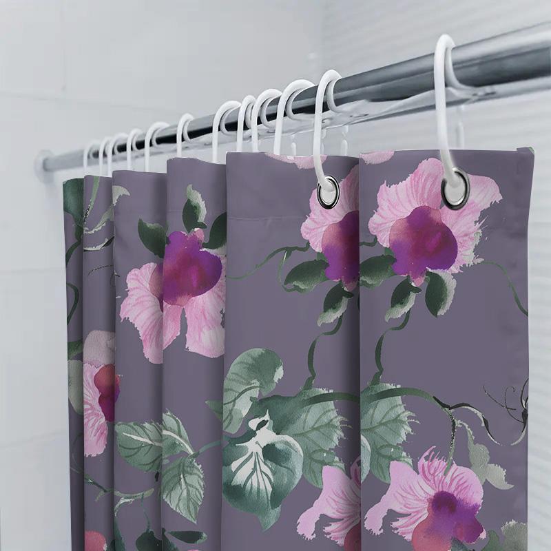 Purple Floral Shower Curtain With Green Leaves Watercolor Print Bathroom Decor For Home Pink Lavender Green
