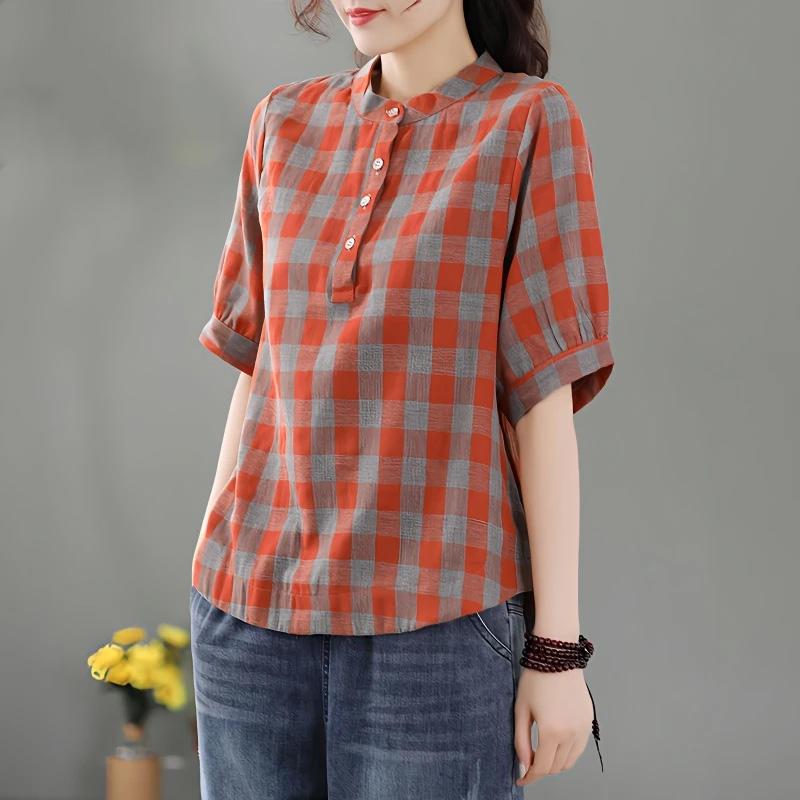 Tops Women Cotton Summer Large Size T-shirt Loose Vintage Plaid Casual Top Casual Pullover T-shirt Top