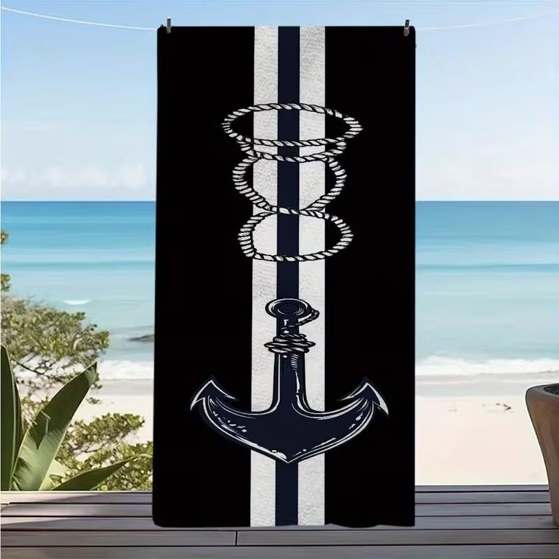 Summer Nautical Anchor Beach Towel Modern Striped Design Oversized Towel Quick Dry Sandproof Absorbent Lightweight Beach Blanket