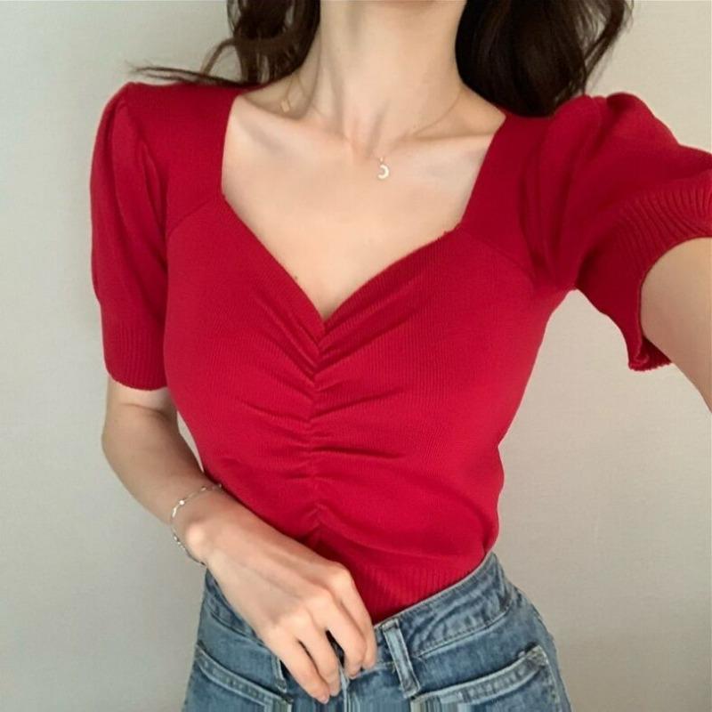 Summer New Style Hong Kong Style Retro Puff Sleeve Short Bottoming Slim V-neck Short-sleeved Sweater Tops for Women