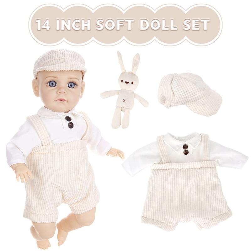 Realistic Vinyls Baby Boy Doll 14inch with Hat and Overalls for Kids Play Realistic Baby New Borns Asleep Toy Soft