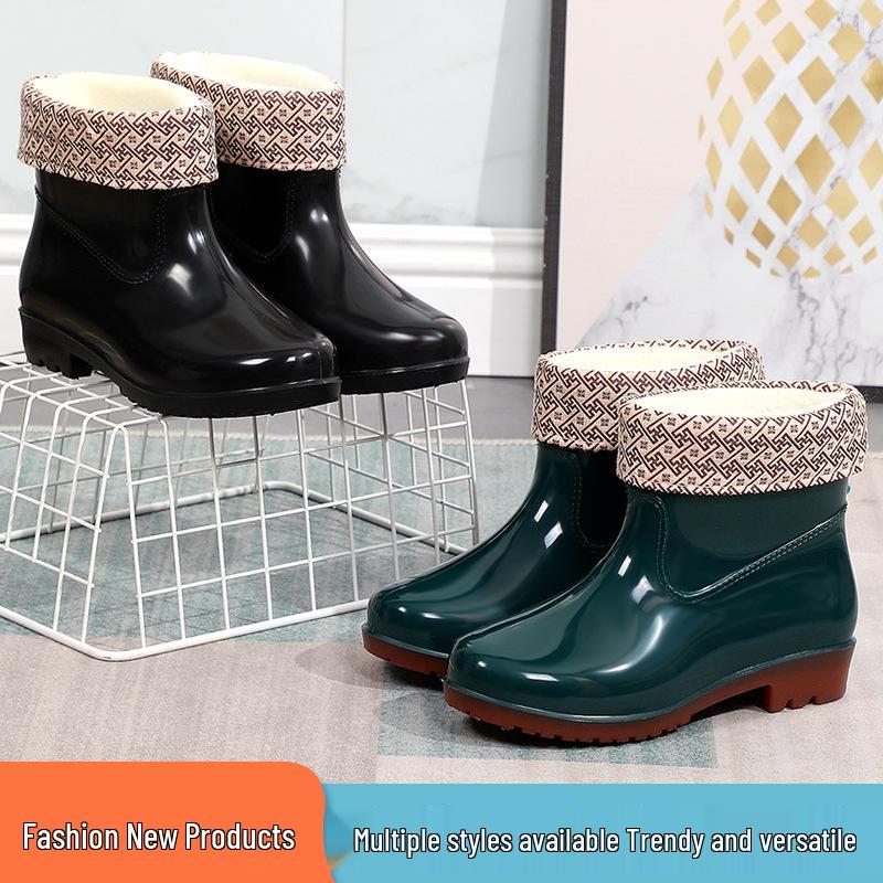 Women's Waterproof Short Rain Boots, Lined PVC, Anti-slip, Thick Sole, Solid Color, Warm & Durable.