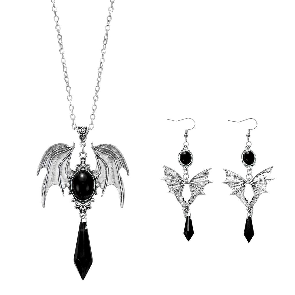 Halloween Bat Earrings Necklace Set Diablo Gothic Vampire Red and Black Crystal Party Earrings