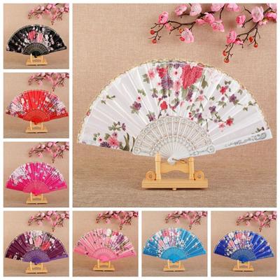 Elegent Plastic Folding Fan Vintage Style Chinese Style Dance Fan Classical Silk Fabric Hand Held Fan Desktop Ornaments
