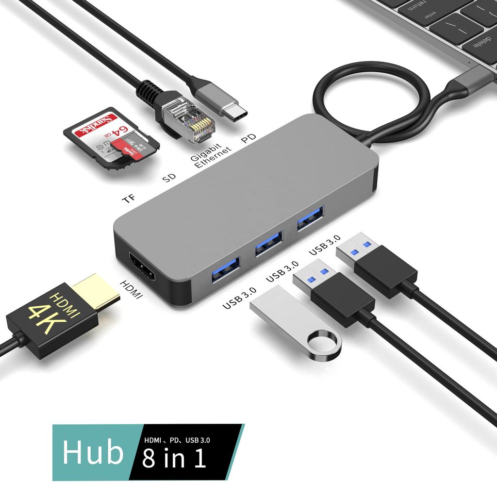 Docking Station with 4K HD PD Usb3.0 SD TF RJ45 Port Type c Hub Support Read 2 Cards Same Time