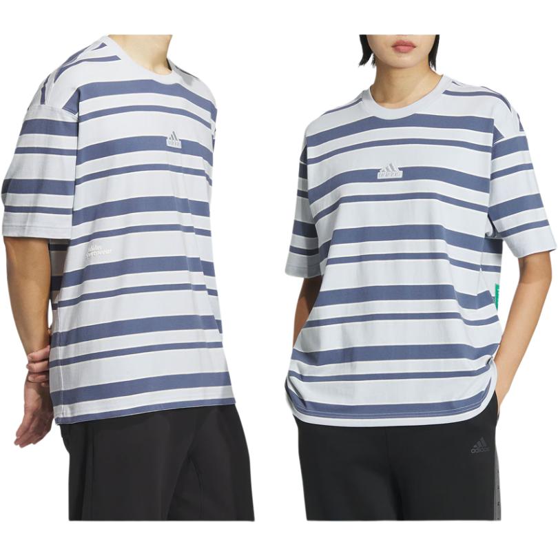 Adidas Logo Stripe T-shirt Asia Sizing 'Grey Navy' IT3929