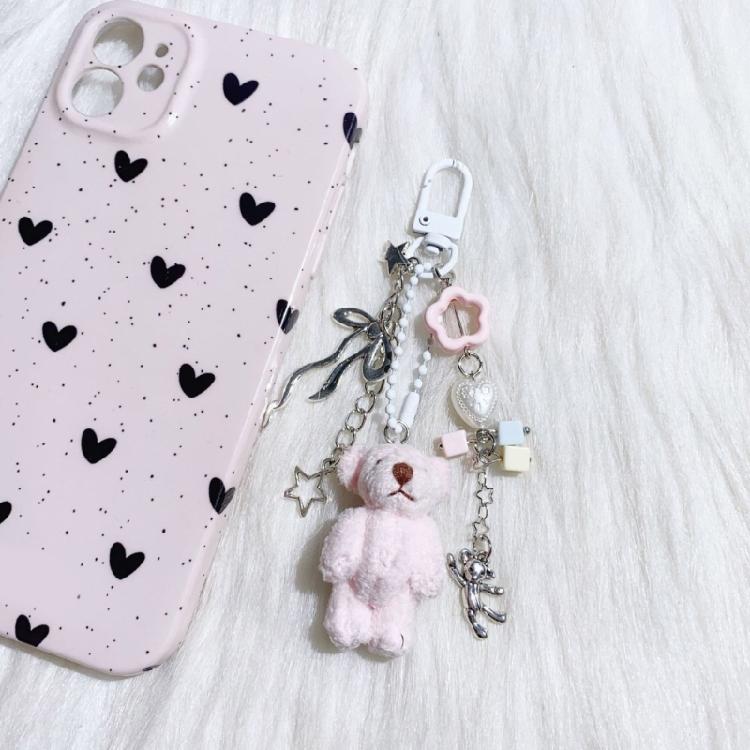Bead Chain Adorned Bear Keyring Plush Animal Keychain Pendant Handmade Phone Charm Unique Gift for Children and Teens