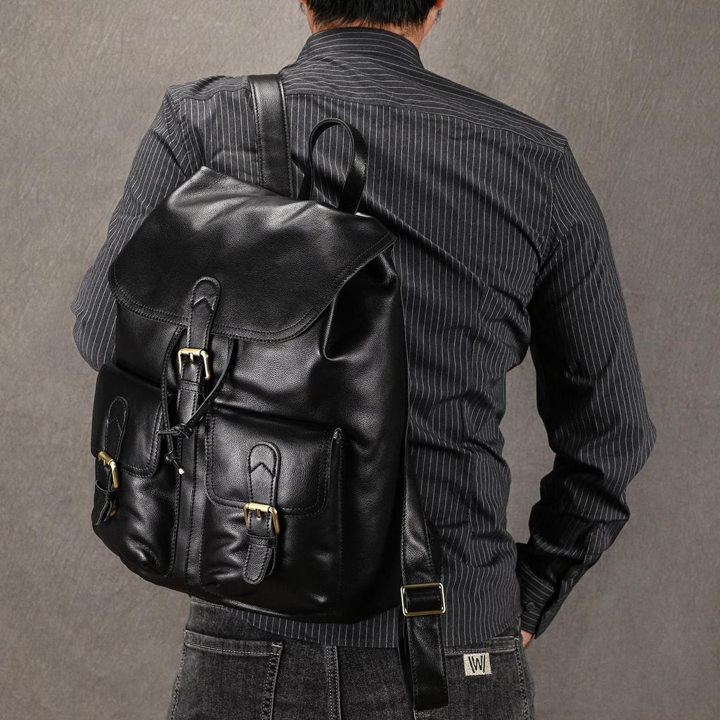 Wifreo Genuine Leather Large A4 Fits for and Business Trips Men's Backpack, Capacity, Size, 14-inch PCs, Unisex, Commuting, School, (Black)