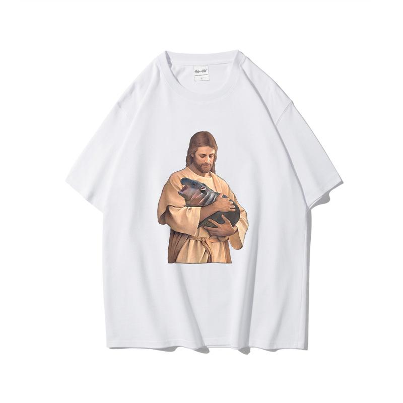 Fun Printed Moo Deng Bouncing Pig Casual T Shirts Trend Loose Cotton Short Sleeved Round Neck Top