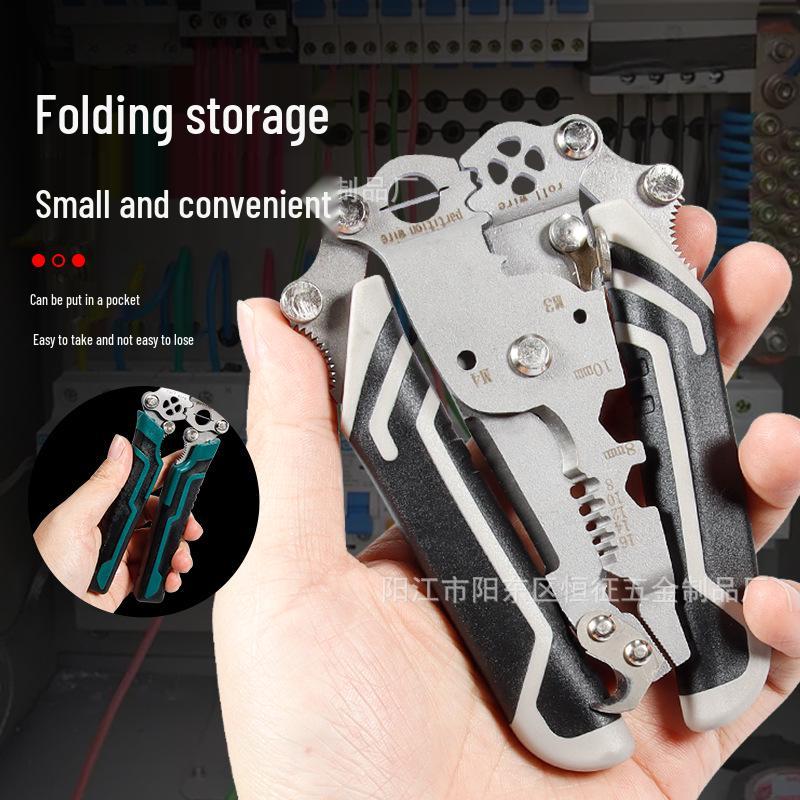 Versatile Electrician's Folding Stripping Pliers with Hook Blade for Cutting, Crimping, and Wire Splitting.
