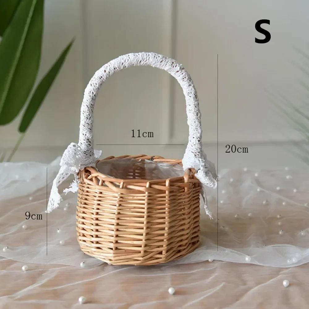 With Lace Decoration Handle Natural Rattan Storage Basket Wedding Girls Flower Basket Wicker Hand Weaving Crafts