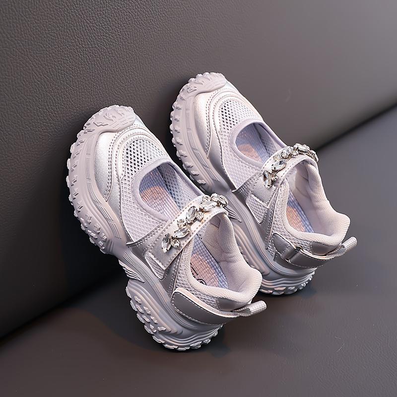 Girls Sneakers Non-slip Cushion Kids Princess Shoes Shiny Crystal 2025 Summer New Children Sports Shoes Breathable Mesh Trendy