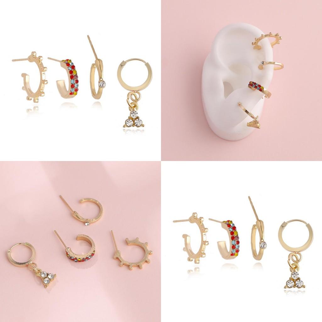 Schickes goldenes vierteiliges geometrisches Legierungs-Ohrring-Set mit Strasssteinen für Damen