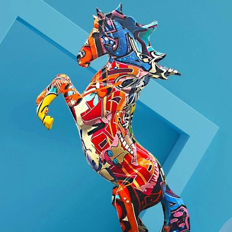 Creative Resin Graffiti Art Horse Sculpture Decoration Paint Colorful Animal Statue Home Living Room Ornament Office Desk Crafts