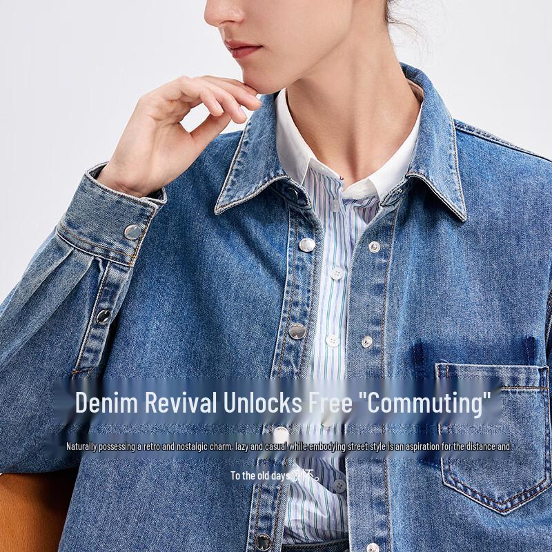 Navigare Women's Slimming Lapel Long-Sleeve Denim Shirt