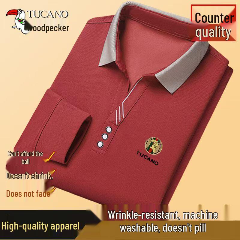Woodpecker Men's Long-Sleeve Solid Color Polo Shirt with V-Turn Collar for Spring and Autumn.