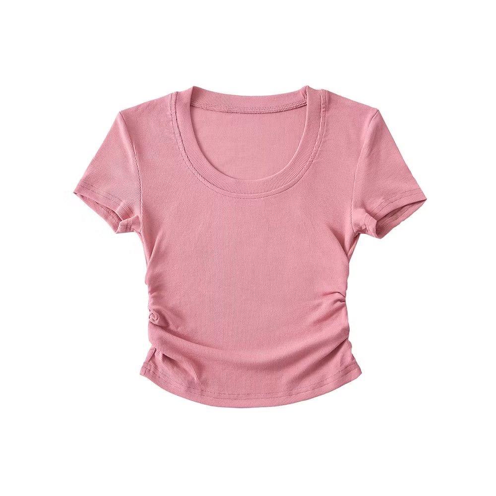 Trendy Women's Round Neck Short Sleeve Side Ruched Bodycon Crop Top