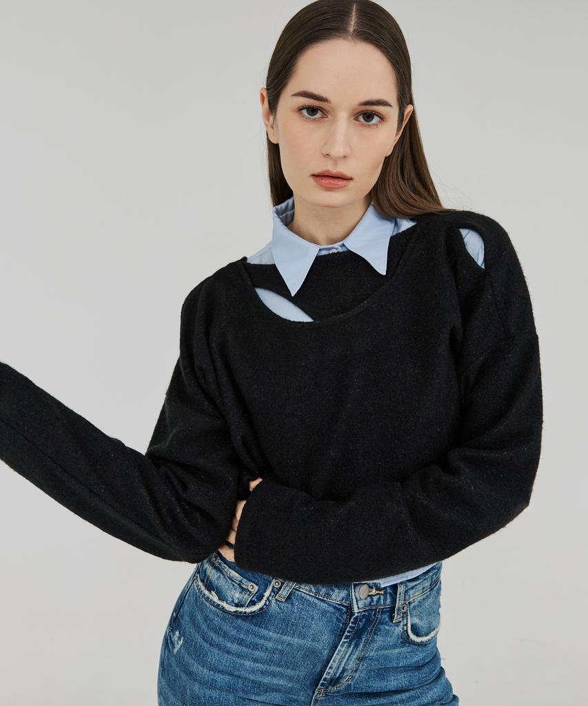 THEFRHT Cutout Two-Way Wool Crop Top (Black)