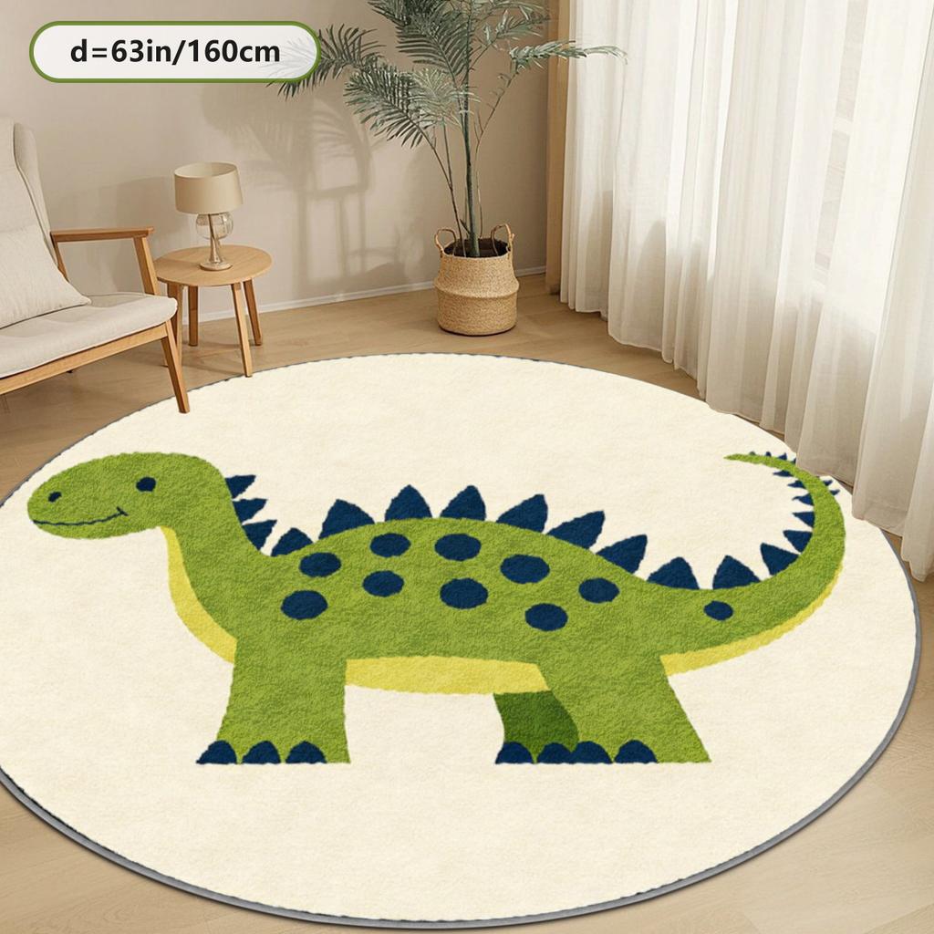 Round Dinosaur Area Rug for Kids Room Decoration Play Mat Cute Green T-Rex Nursery Carpet Floor Decor