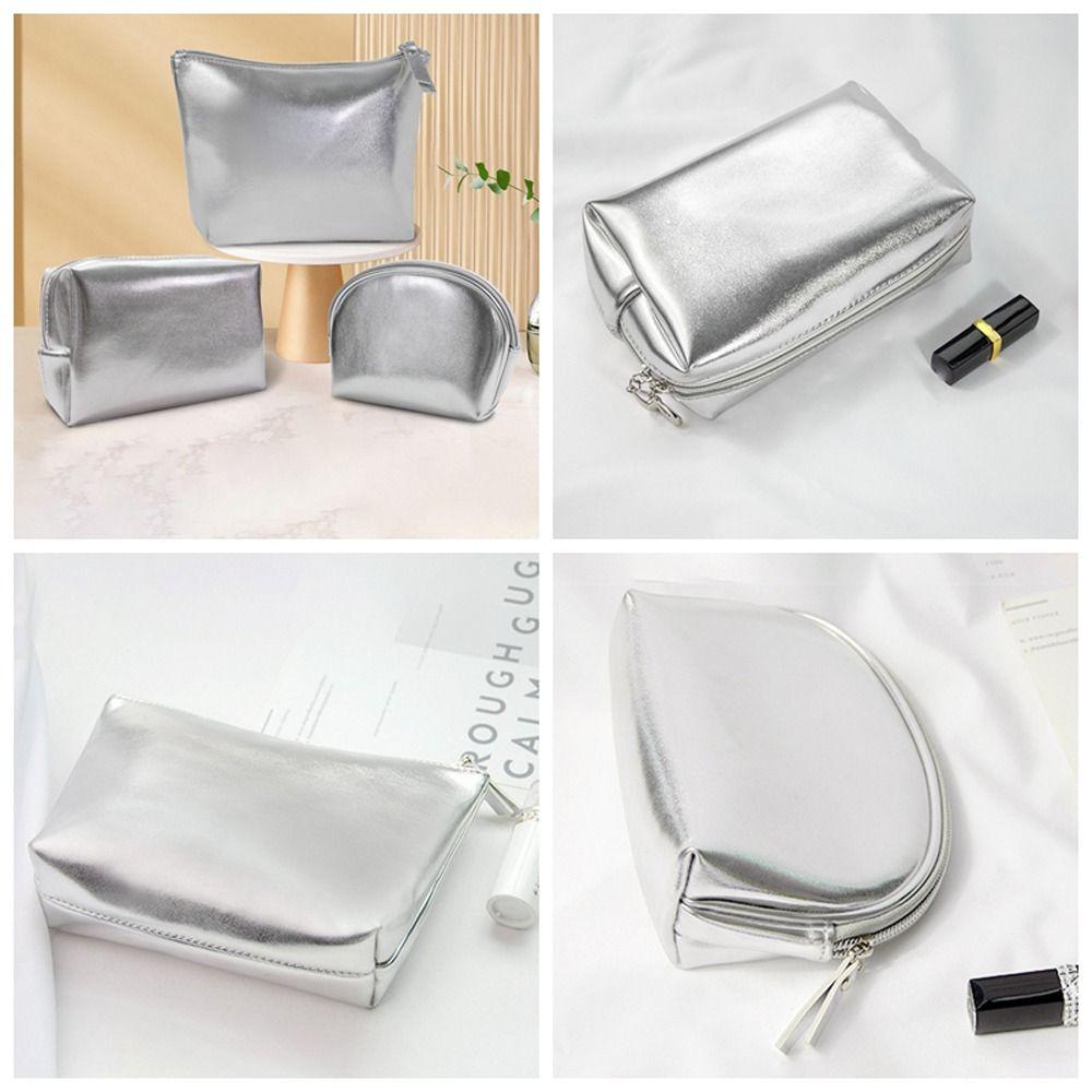 

Silver Color PU Leather Silver Makeup Bag Rectangle Silver Travel Wash Bag Outdoor