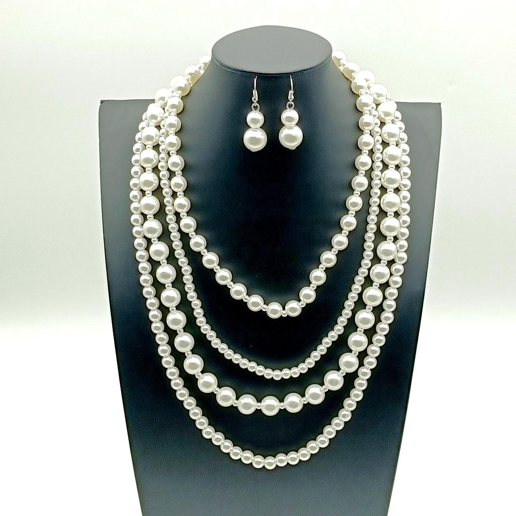 Europe and the United States hot sale fashion simple ball party multi-layer pearl necklace earrings set