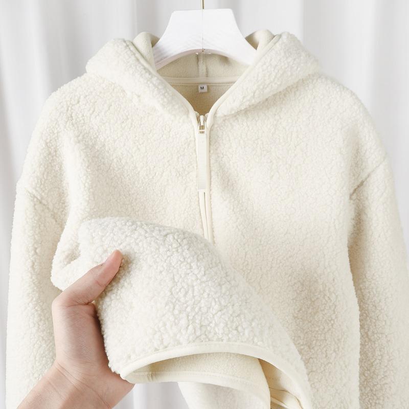Fluffy! Soft waxy skin-friendly gentle milk white thickened fleece thermal hooded sweater jacket women's new products