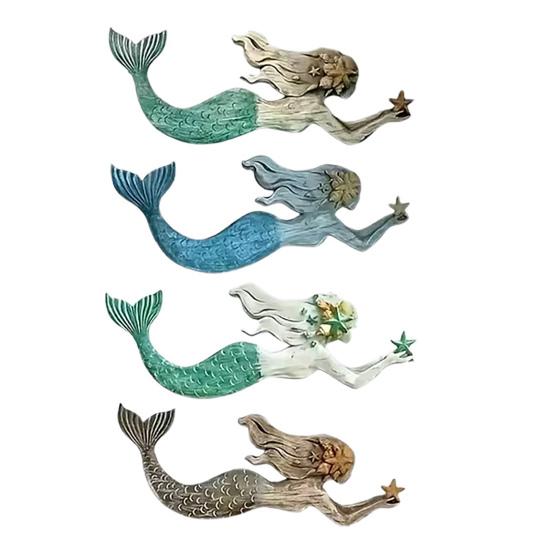 

4 Pcs Wooden Mermaid Beach Wall Decor Rustic Nautical Swimming Mermaid Hanging Plaque Sign Coastal Mediterranean Wall Art for Home Farmhouse 4pcs