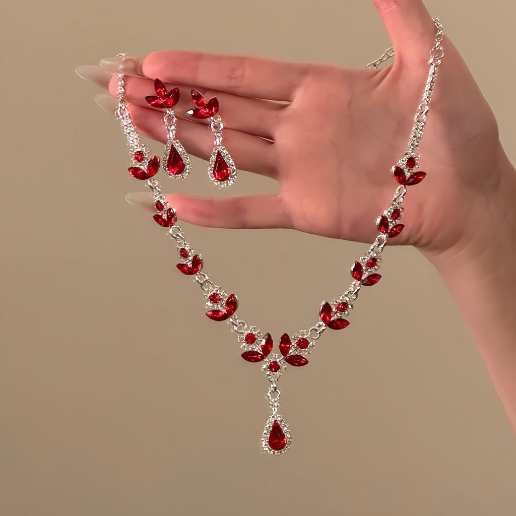 European and American court style diamond-encrusted flower water drop stud earrings necklace collarbone chain jewelry set female