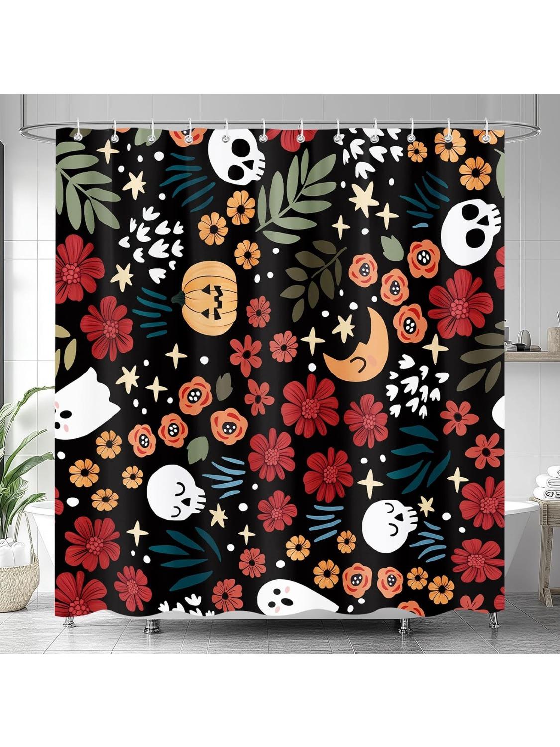 

Funny Halloween Shower Curtain, Fall Cute Spooky Pumpkins and Gothic Skulls Pattern Design Bath Curtains for Bathroom, Abstract 90x180CM