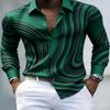 European American Trendy Men Abstract Swirl Stripe Printed Long Sleeve Shirts Spring Autumn Soft Stretch Silky Fabric Lapel Butt