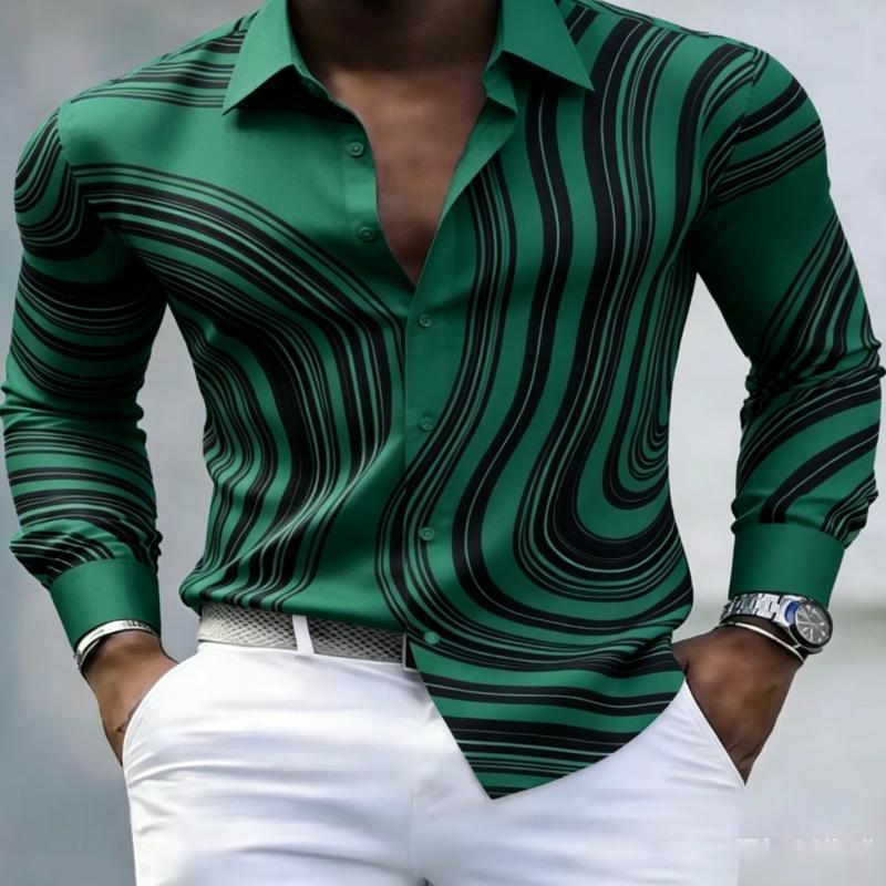 European American Trendy Men Abstract Swirl Stripe Printed Long Sleeve Shirts Spring Autumn Soft Stretch Silky Fabric Lapel Butt