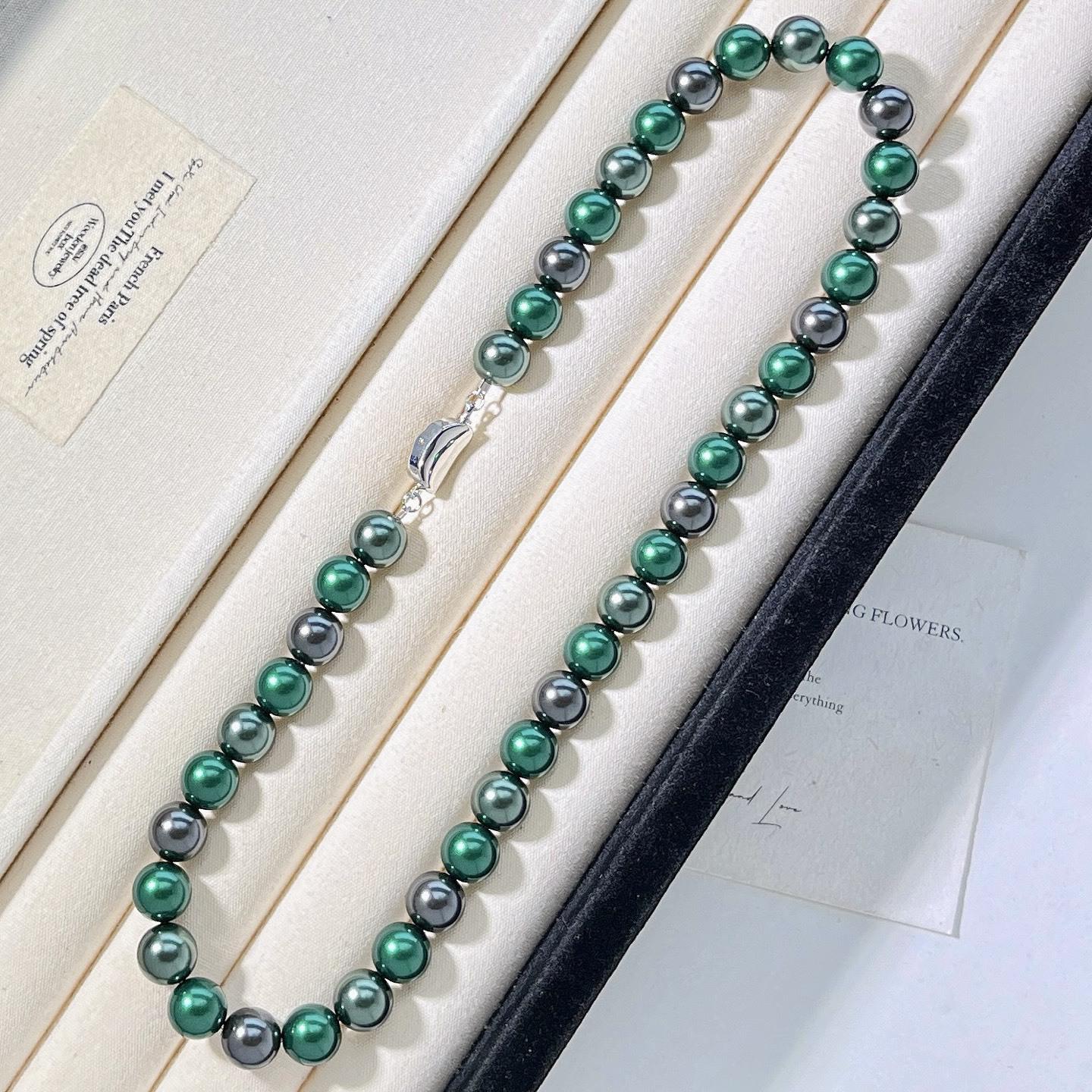 10Mm Autumn And Winter Highlight Morandi Malachite Green Artificial Crystal Pearl Necklace Collarbone Chain Sweater Chain
