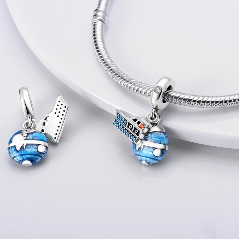 Fit Original Pandora Bracelet Copper Earth Charms Beads Blue Color Planet Dangle Pendants Diy Jewelry Marking