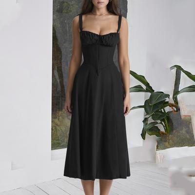 Women Elegant Suspenders Lace-Up Dress Slim Sleeveless Bandeau Floral Print Dress Corset Design Side Split Hem Midi Dress