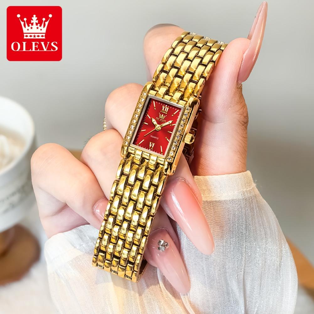 OLEVS Fashion Women's Watches Rectangular Dial Gold Stainless Steel Strap Quartz Watch Luxury Diamond Watch