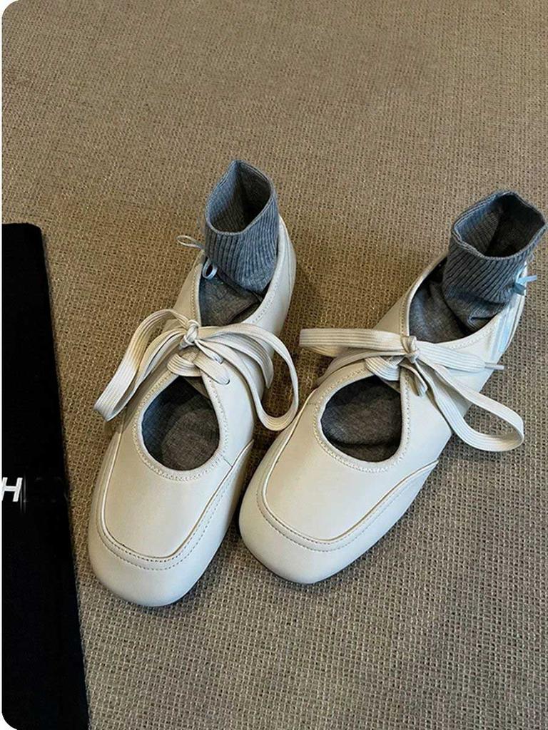 Sheepskin Version~ Versatile Little White Shoes Women's Hollow Lace-up Leather Single Shoes Retro Square Head Flat Bottom Comfortable Mary Jane Shoes