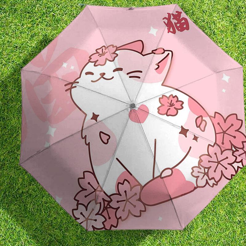 1pc Cherry Blossom Cat Automatic Folding Umbrella 8 Rib Iron Frame,  Suitable for Travel, Daily Use, Birthday, Women & Men Gift c1231073