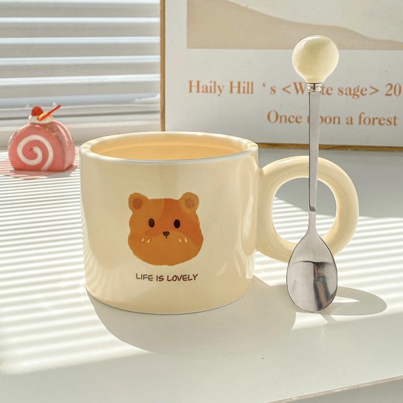 Cute milk fufu bear cup with spoon niche design couple ceramic mug appearance value home breakfast coffee cup