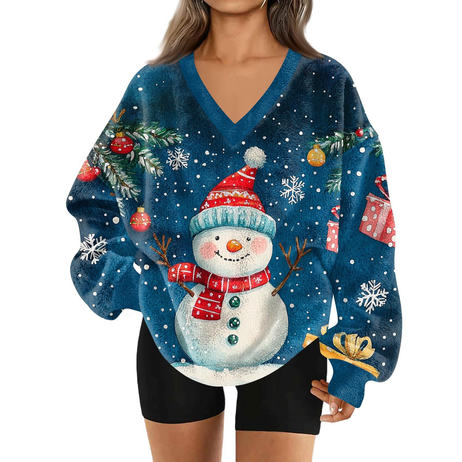 

Women s Fashionable V-neck Christmas Printed Long Sleeved Casual Pullover Plush Warm Sweatshirt Top L
