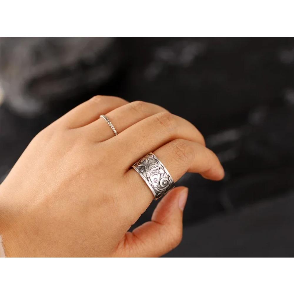 1PC Ethnic Style Silver Color Ring Retro Koi Fish Heart Sutra Opening Men\'s and Women\'s Rings Lucky Rings Casual Party Rings