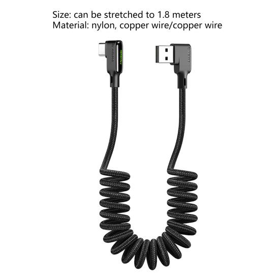 Spring Charging Cable Double Elbow QC4.0 Quick Charging 3A Stretchable Type-C Data Cord for Car