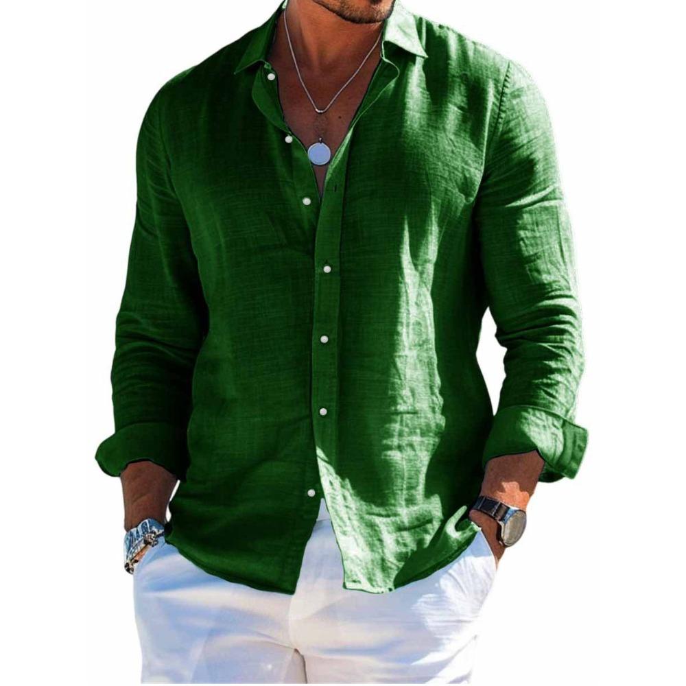 Chemise en lin pour homme avec col, Chemise de plage à manches longues