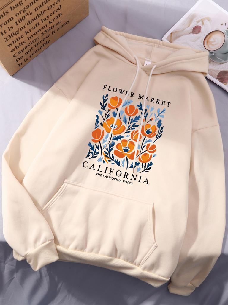 Yellow Flowers Market California Printing Hoodies Womens Winter Fleece Warm Hooded Fashion Pocket Tops Comfortable Loose Clothes