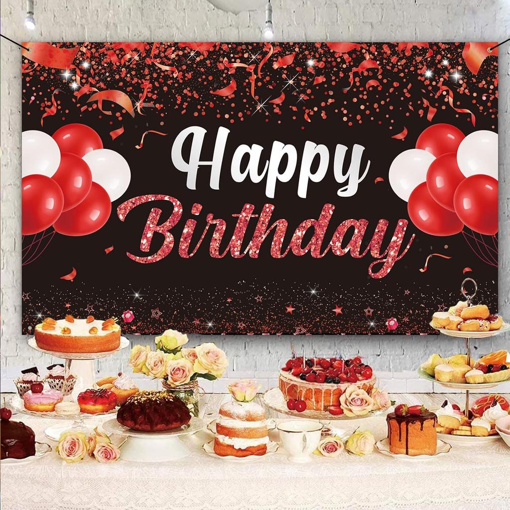 Trgowaul Happy Birthday Banner Backdrop - Red Black Birthday Party Decorations, Birthday Party Supplies Kids Men Women, Bday Gifts Sign Photo Booth