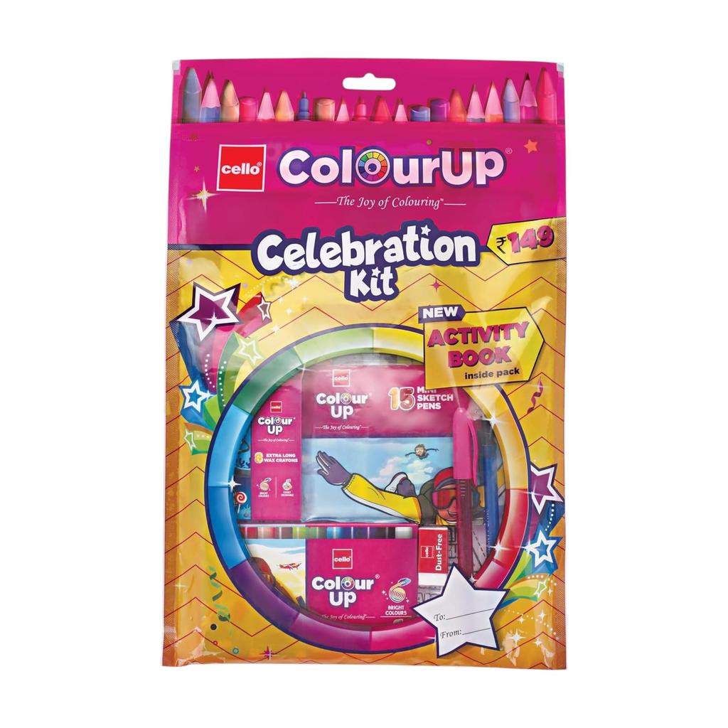 Cello ColourUp Celebration Kit Gift Pack with 10 Wax Crayons, 12 Oil Pastels, 15 Mini Sketch Pens & Activity Book for Kids