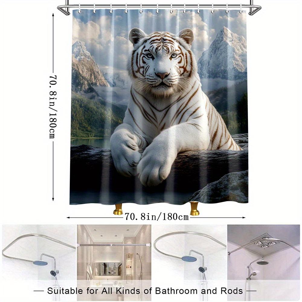 1pc Majeic White Tiger Shower Curtain - Scenic Mountain View with Majestic Tiger Design, Durable Polyester Fabric, Machine Washa