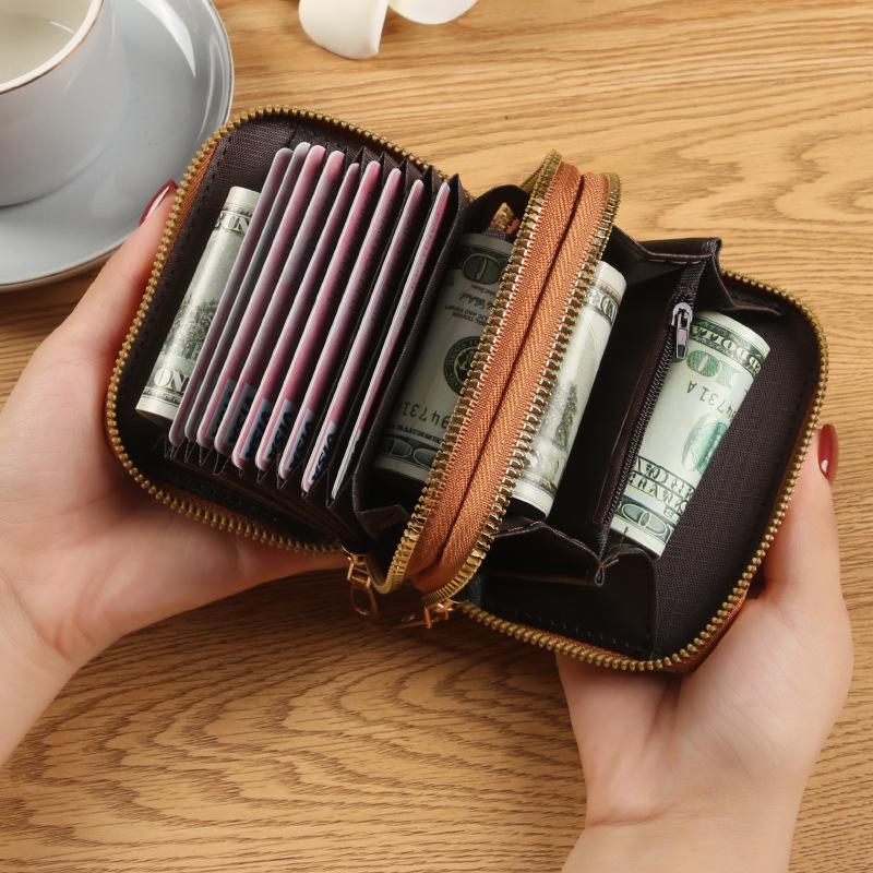 Retro Cork Print Leather Double Zipper Card Holder Wallet - Large Capacity and Portable